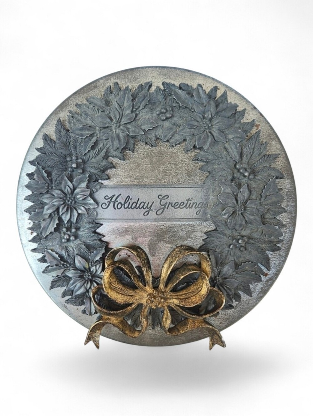 Vintage Circular Pewter Christmas Wreath Holiday Greeting Tin